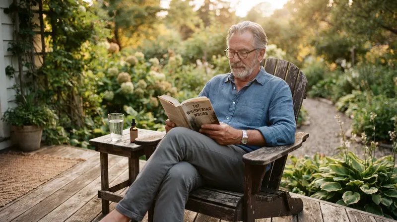 A man in his sixties reading on a wooden porch at dusk, a glass of water and a small dropper bottle on the table beside him