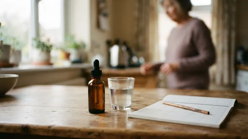 A small amber dropper bottle, a small glass of water, a calendar page and a pencil on a kitchen table