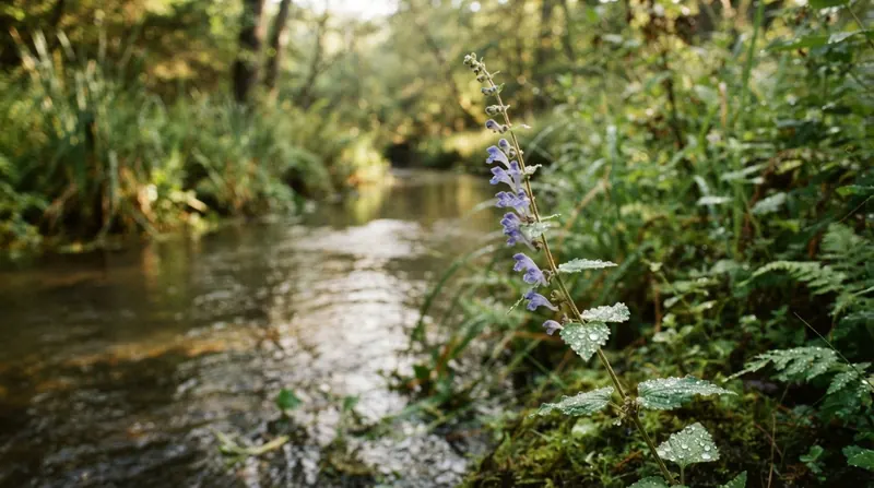 A slender skullcap plant with small blue-violet flowers growing at the edge of a creek