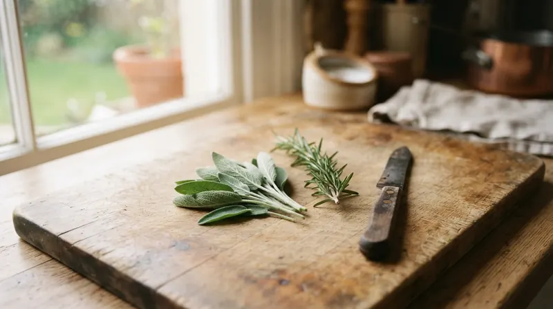 Fresh sage leaves and a sprig of rosemary on a wooden cutting board