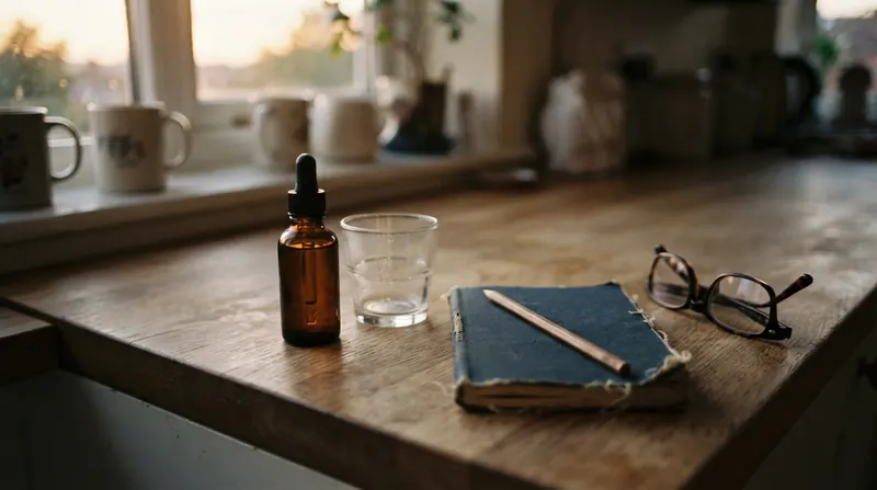 A kitchen counter at dusk with a small dropper bottle, an empty glass, a closed notebook with a pencil and reading glasses