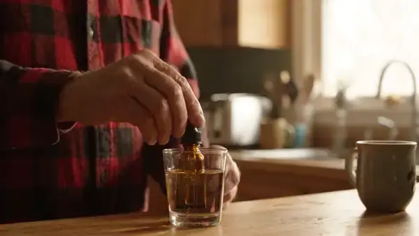 A man in his sixties squeezing a dropper into a small glass of water at his kitchen counter in the morning