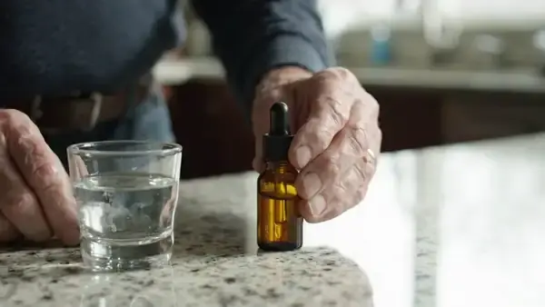 A man's hands shaking a small amber dropper bottle, squeezing the bulb over a small glass of water and swirling it