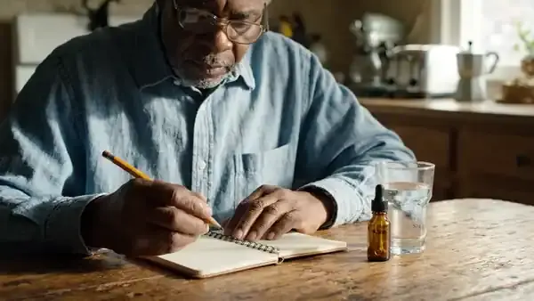 A man in his sixties writing a line in a small notebook at his kitchen table, a small glass of water and a dropper bottle beside him