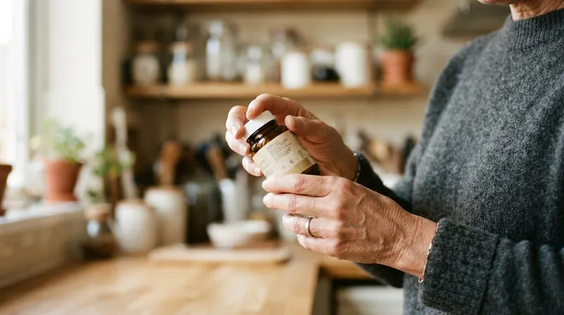 A pair of hands turning a small amber bottle to read the fine print on its label